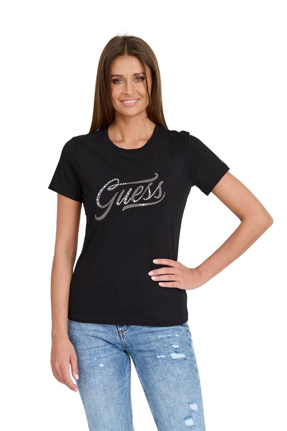 GUESS Czarny damski T-shirt bawełnany STONES&EMBRO TEE