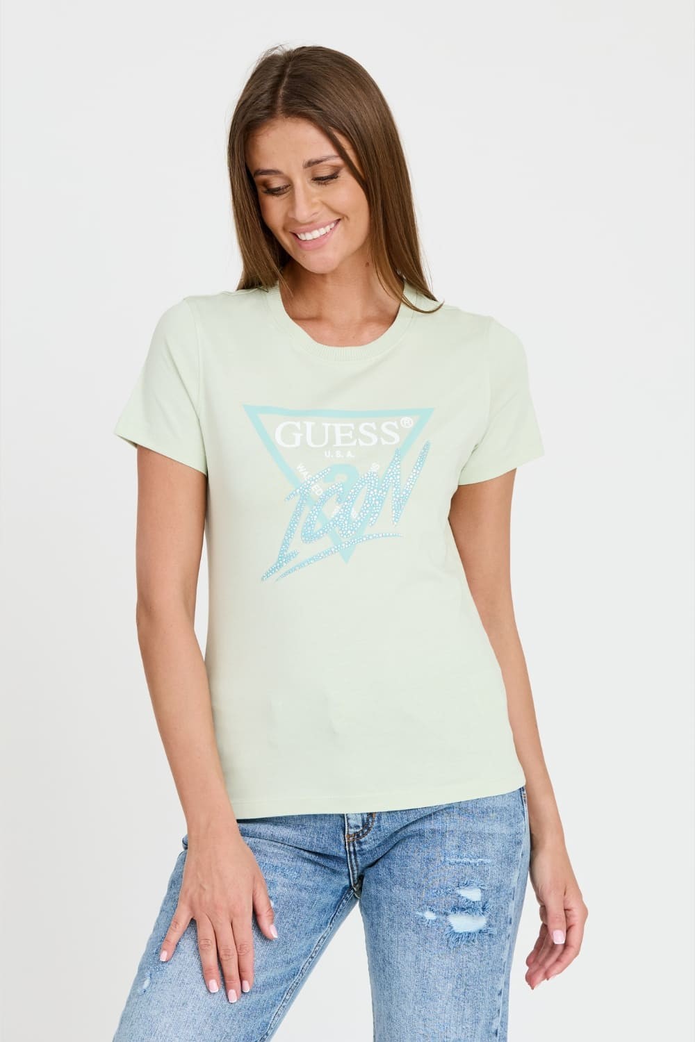 GUESS Miętowy damski t-shirt bawełniany Icon Tee