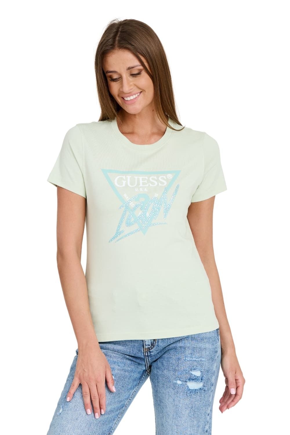 GUESS Miętowy t-shirt Icon Tee