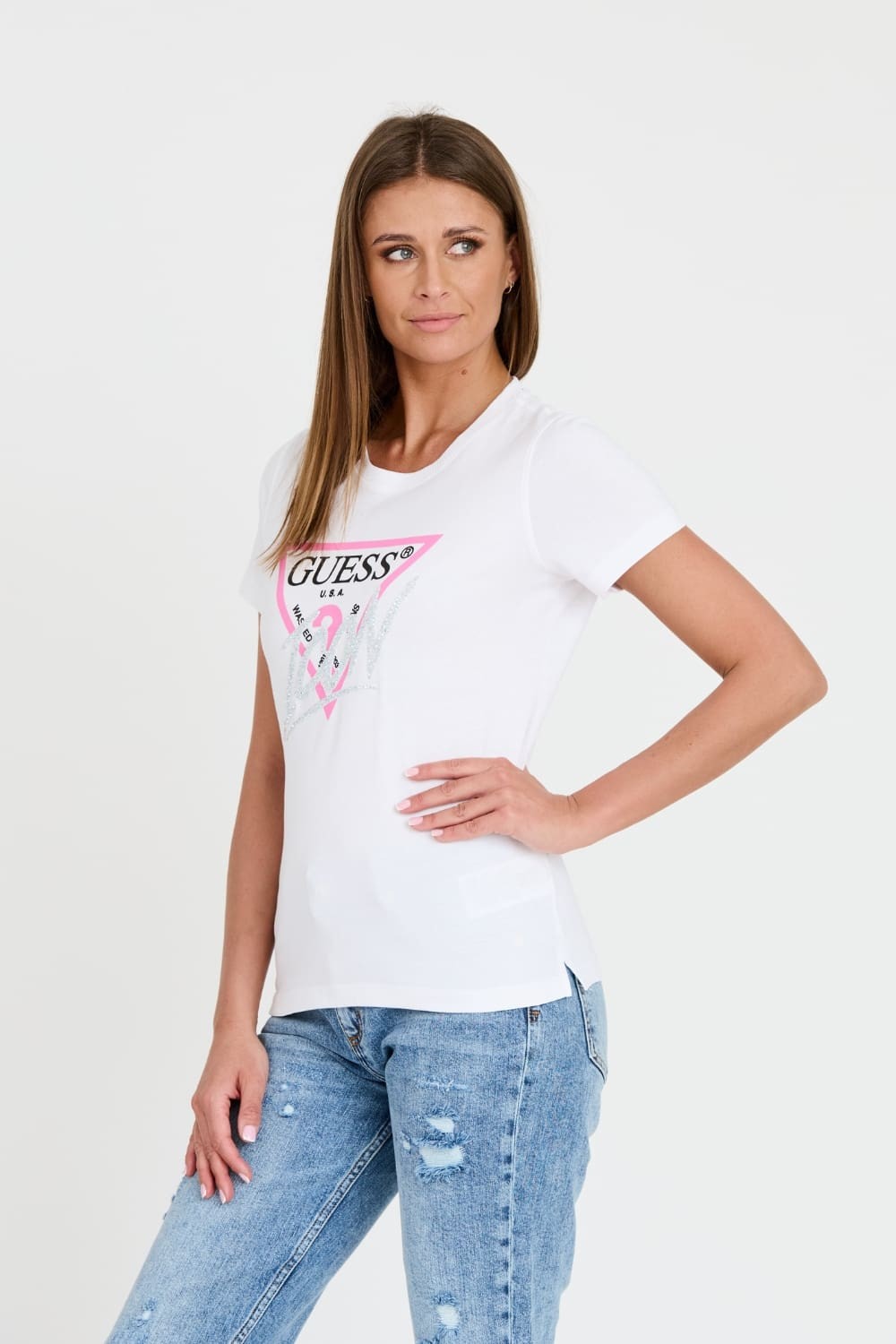 GUESS Biały damski T-shirt bawełniany Icon Tee