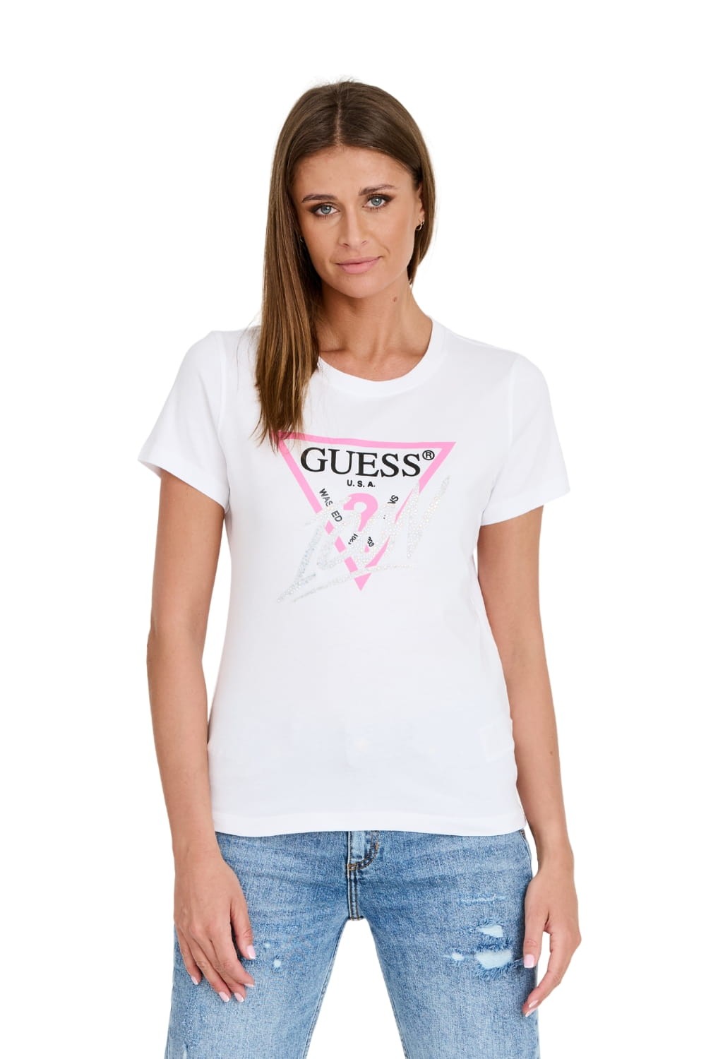 GUESS Biały damski T-shirt bawełniany Icon Tee
