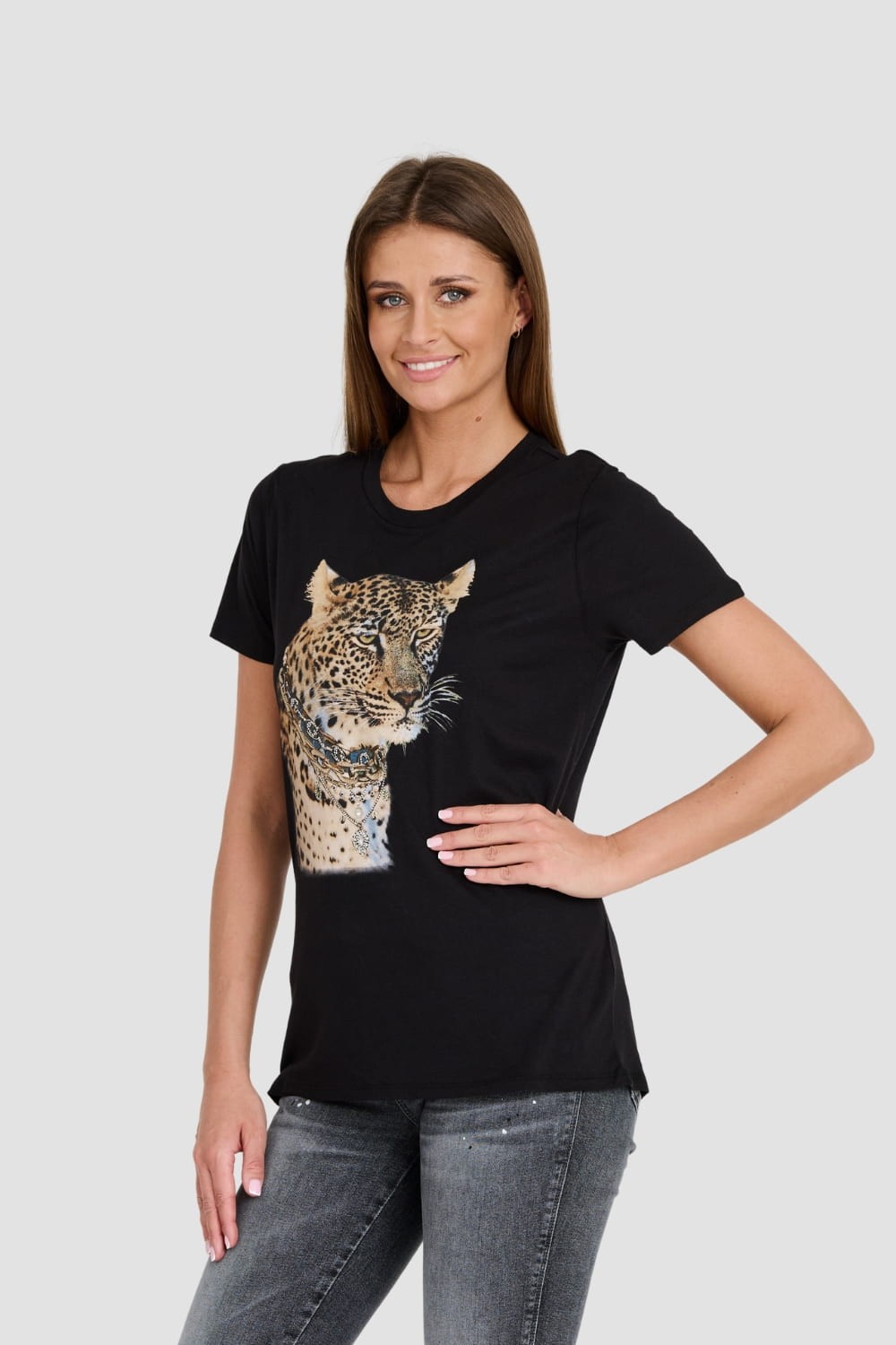 GUESS Czarny damski T-shirt Leopard Jewel Easy Tee