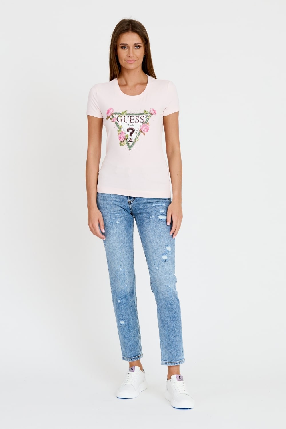 GUESS Różowy t-shirt Floral Triangle Tee