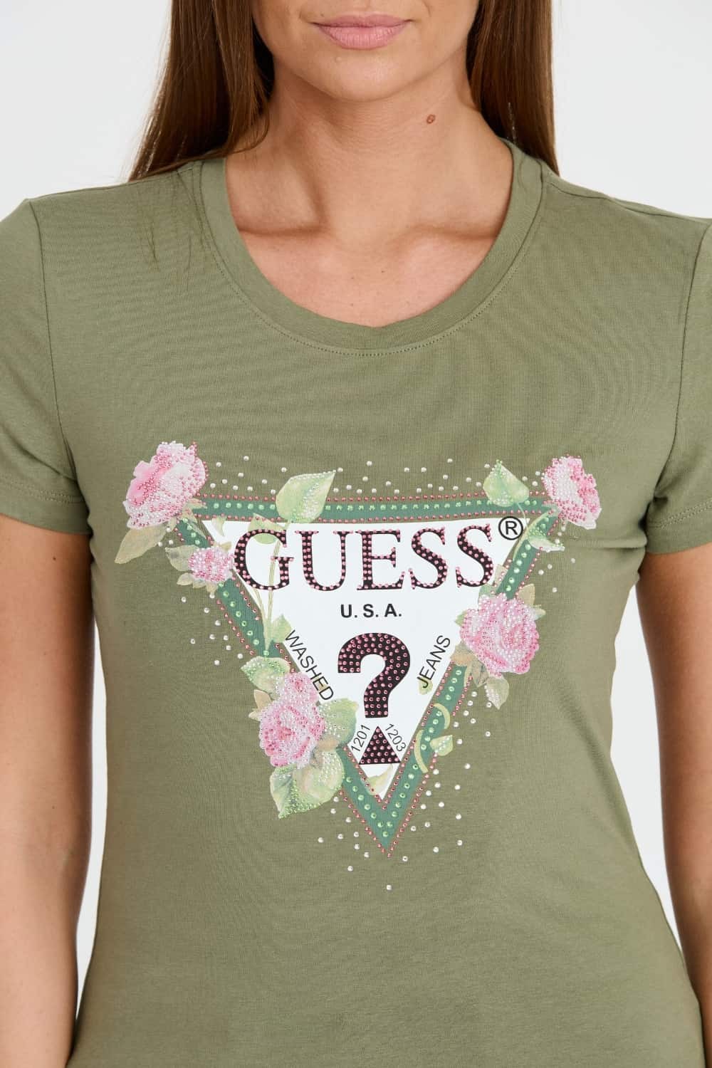 GUESS Zielony t-shirt Floral Triangle Tee