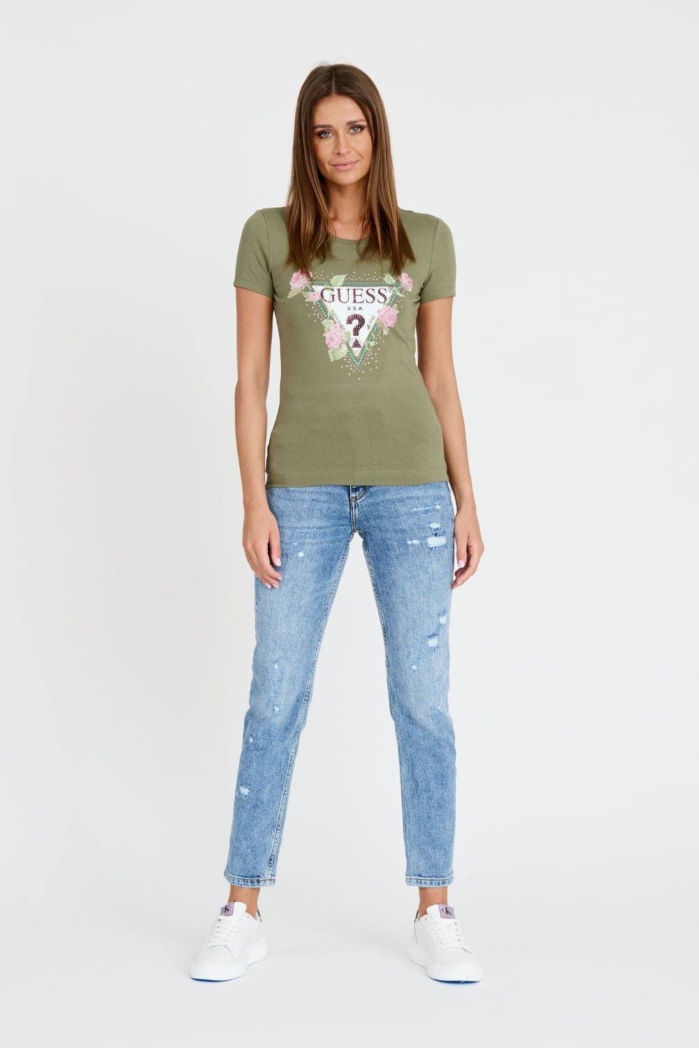 GUESS Zielony t-shirt Floral Triangle Tee