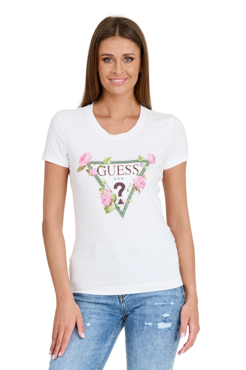 GUESS Biały t-shirt Floral Triangle Tee