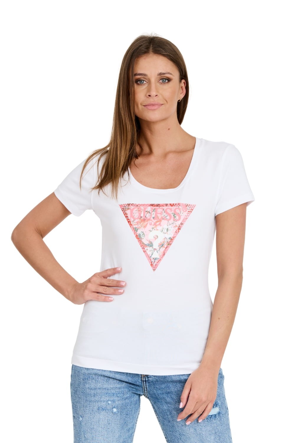 GUESS Biały damski t-shirt Satin Triangle Tee