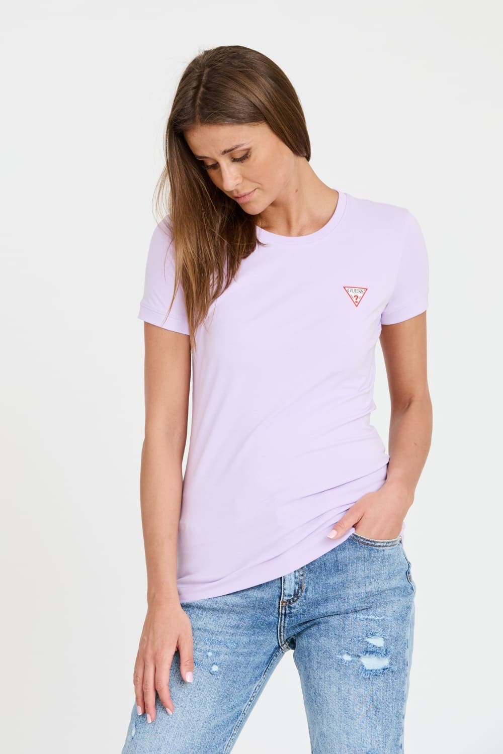 GUESS Lawendowy t-shirt Mini Triangle Tee