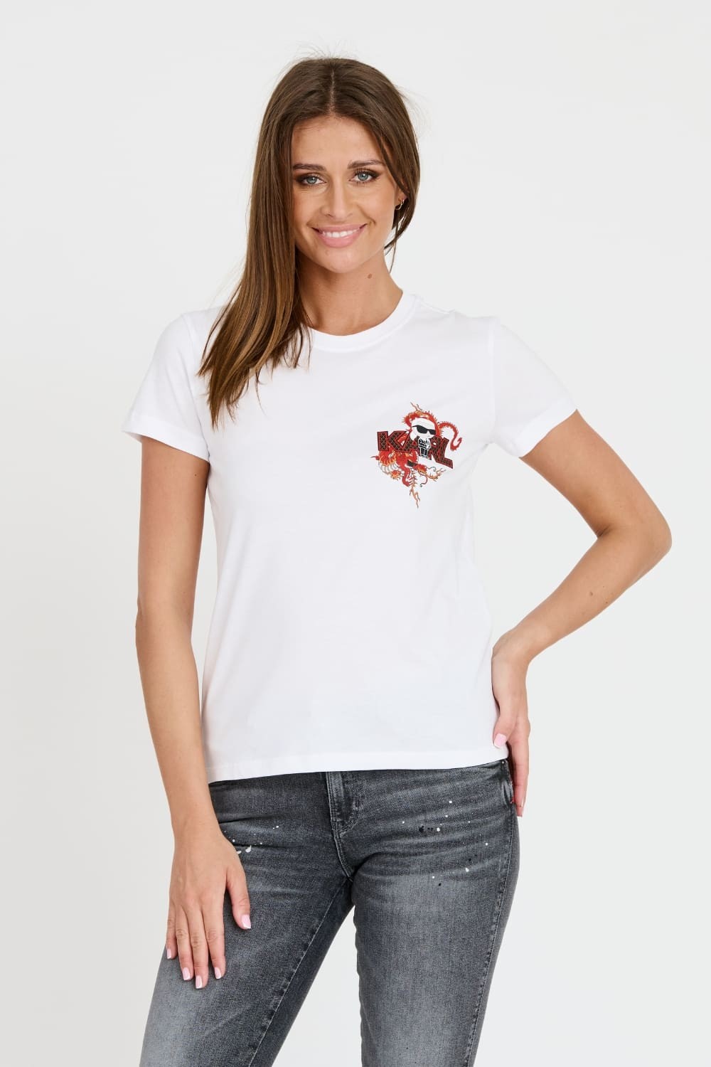 KARL LAGERFELD Biały damski t-shirt ikonik lny