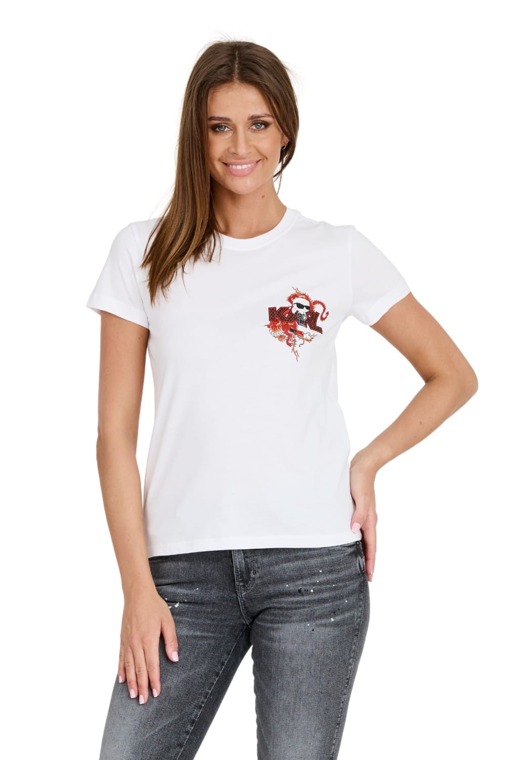 KARL LAGERFELD Biały damski t-shirt ikonik lny