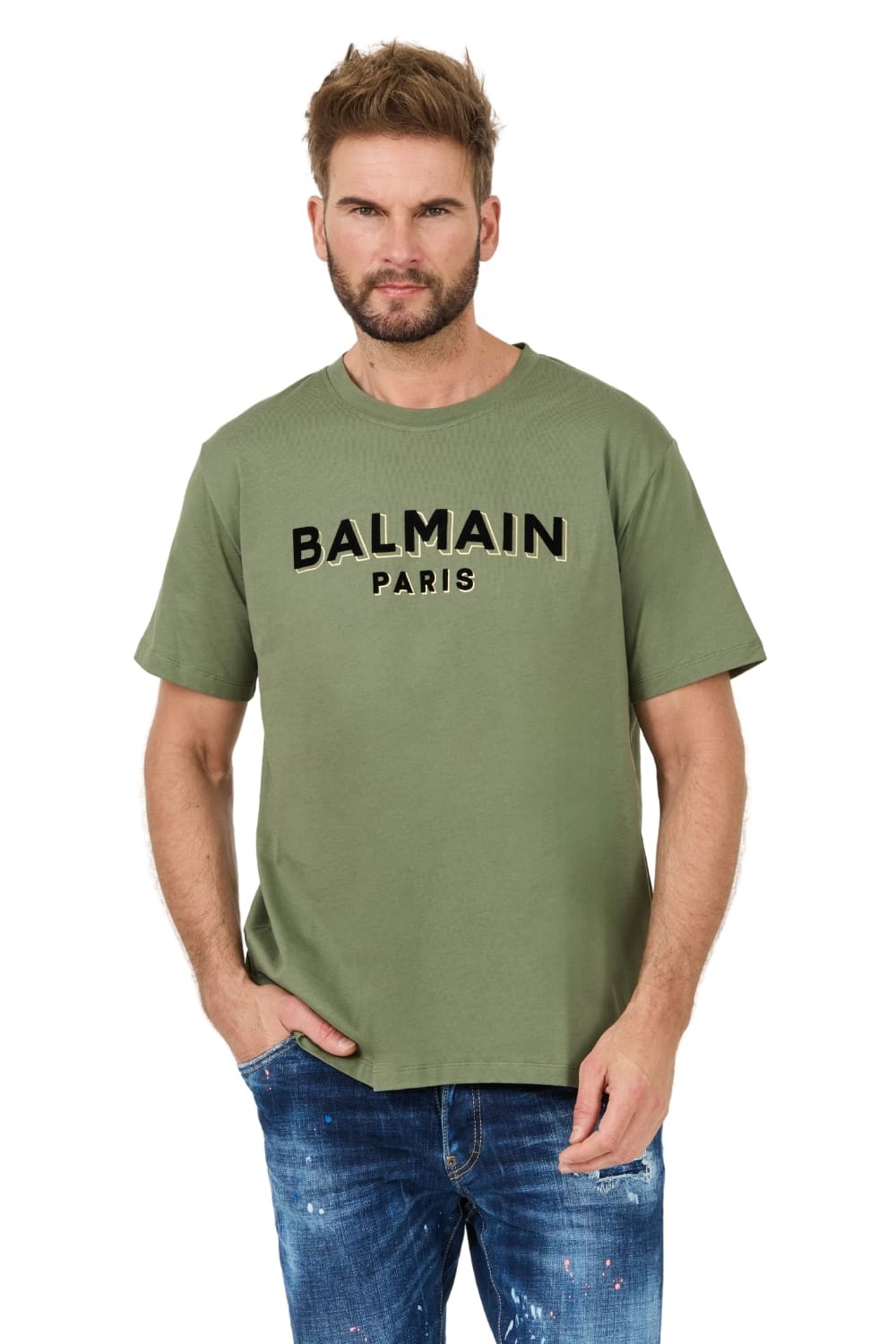 BALMAIN Zielony t-shirt Flock&foil T-shirt Bulky Fit