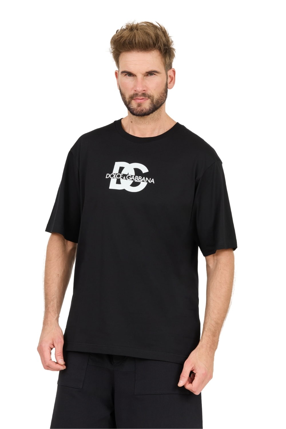 DOLCE & GABBANA Czarny męski t-shirt z dużym logo