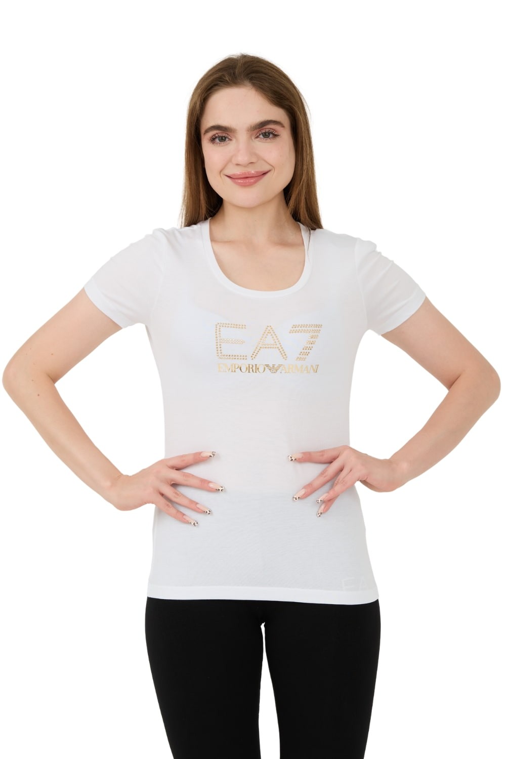 EA7 Biały t-shirt z cyrkoniami