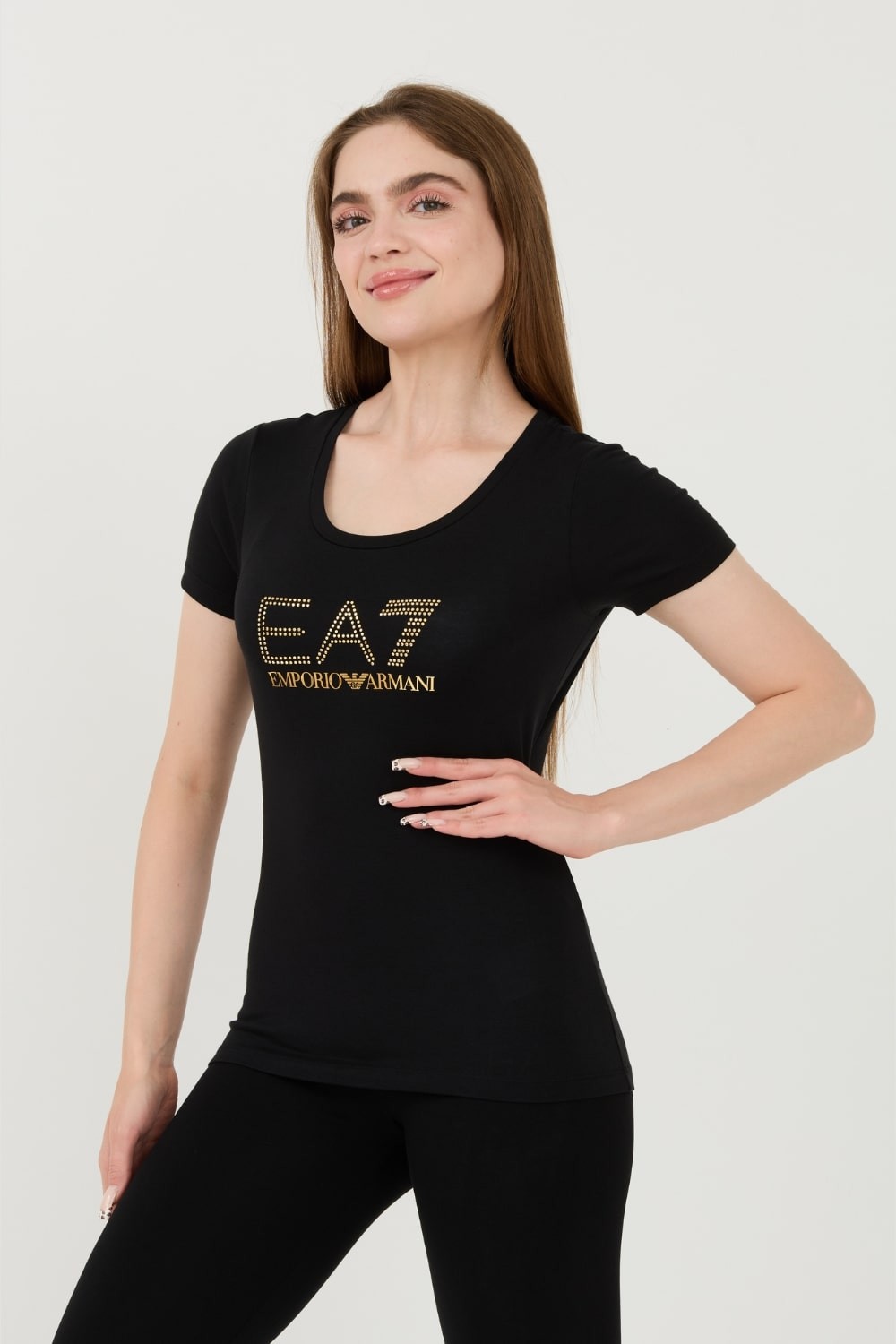 EA7 Czarny t-shirt z cyrkoniami