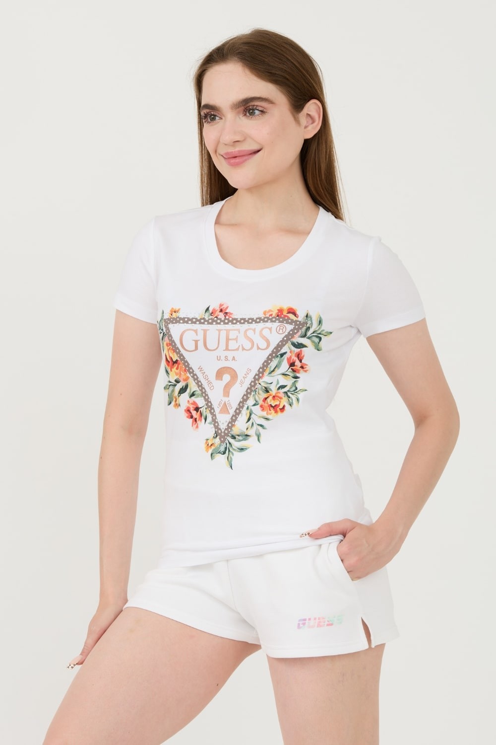 GUESS Biały t-shirt Triangle Flowers