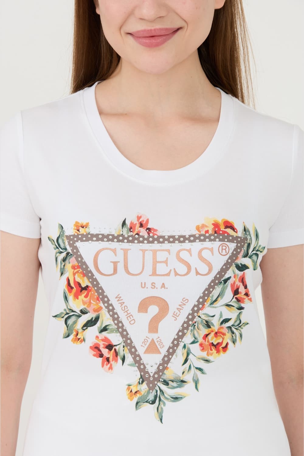 GUESS Biały t-shirt Triangle Flowers