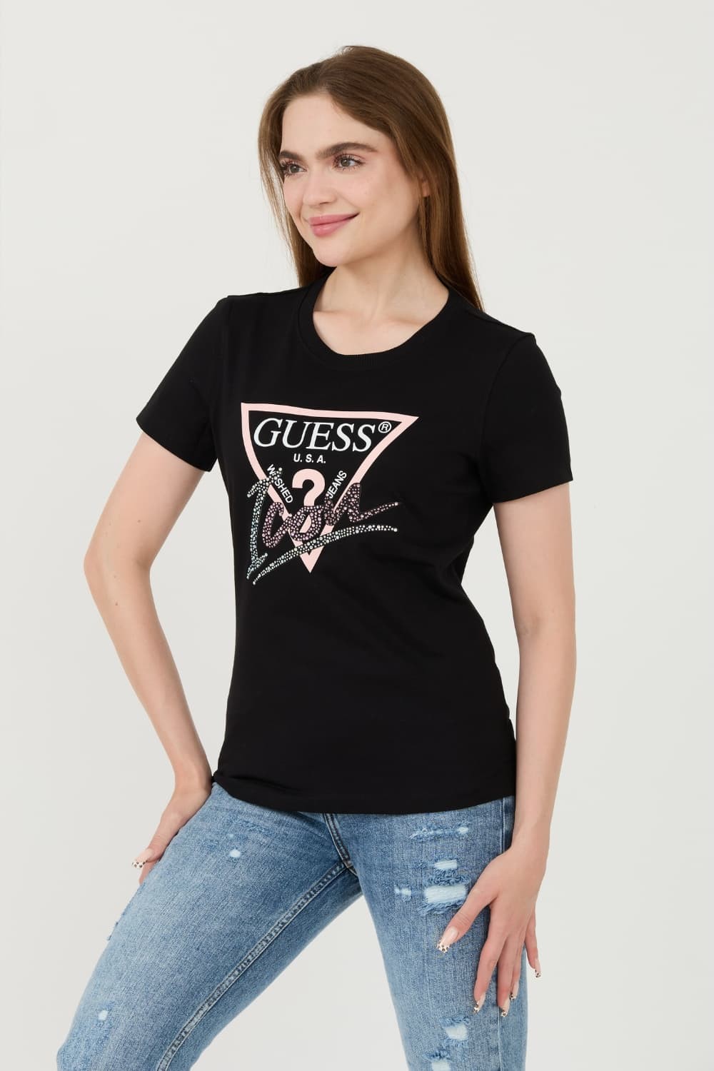 GUESS Czarny damski t-shirt bawełniany Icon Tee