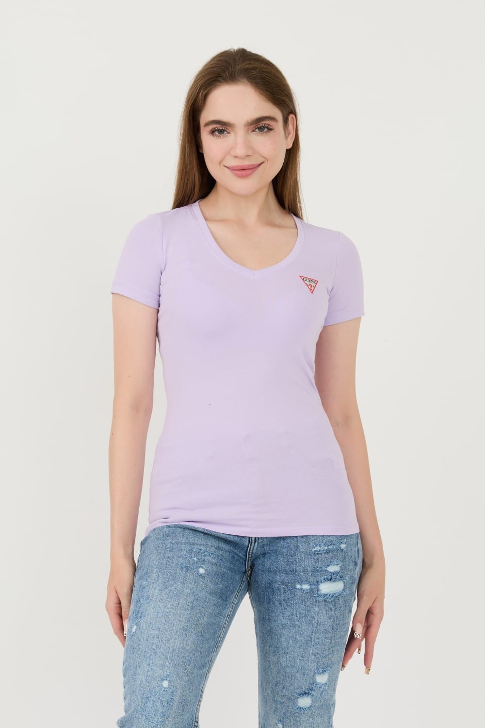 GUESS Lawendowy damski t-shirt Mini Triangle Tee