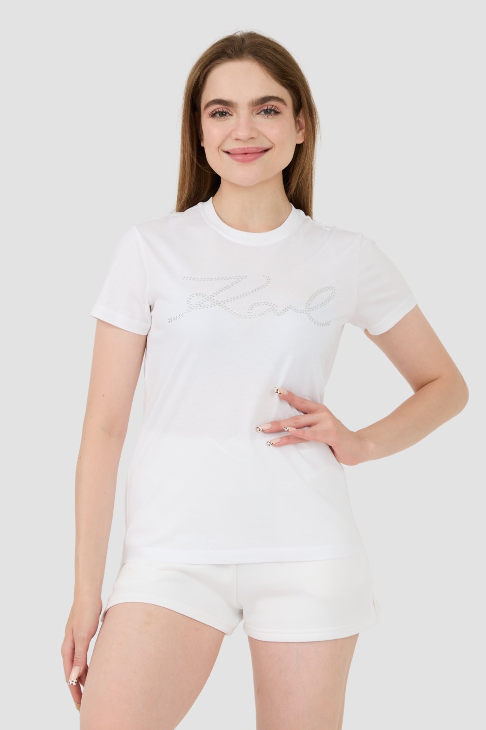 KARL LAGERFELD Tricou Rhinestone Logo alb pentru femei