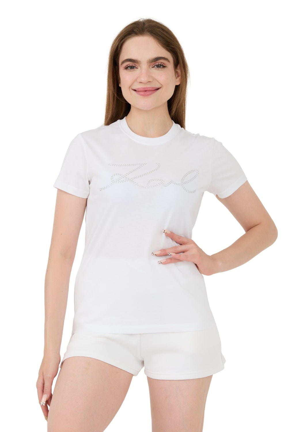 KARL LAGERFELD Tricou Rhinestone Logo alb pentru femei