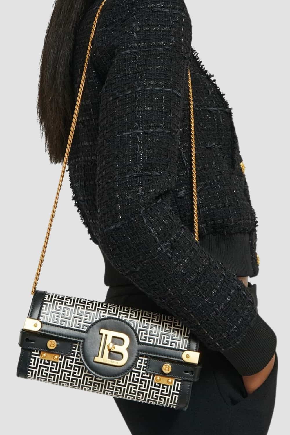 BALMAIN Czarno-biała torebka B-buzz Pouch 23-cuir Emb Pb