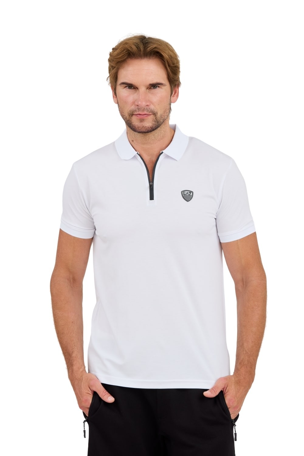 EA7 White zip-up polo shirt