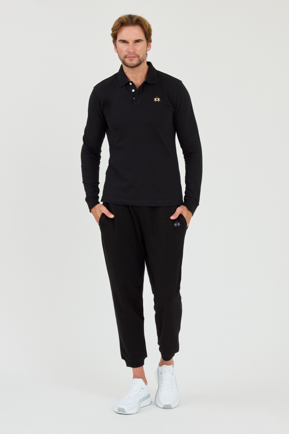 LA MARTINA Czarny męski longsleeve polo Piquet Stretch