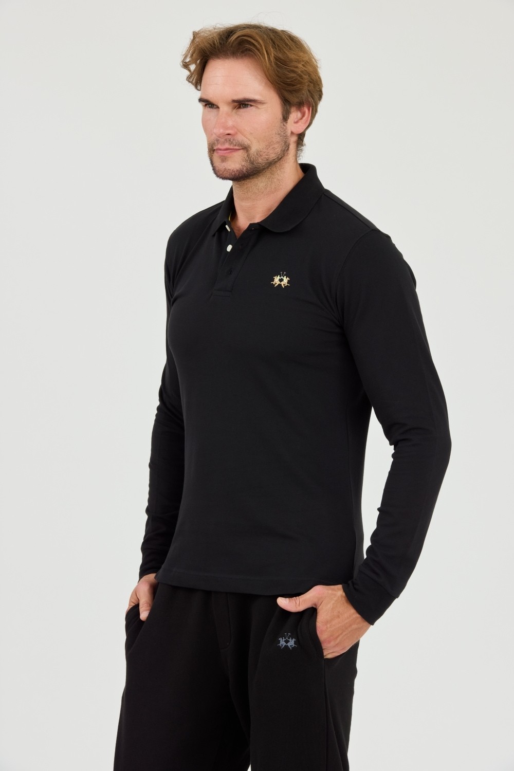 LA MARTINA Czarny męski longsleeve polo Piquet Stretch