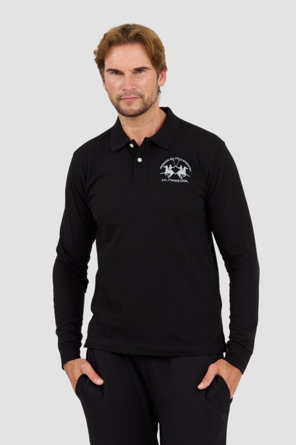 LA MARTINA Czarny męski longsleeve polo Piquet Stretch