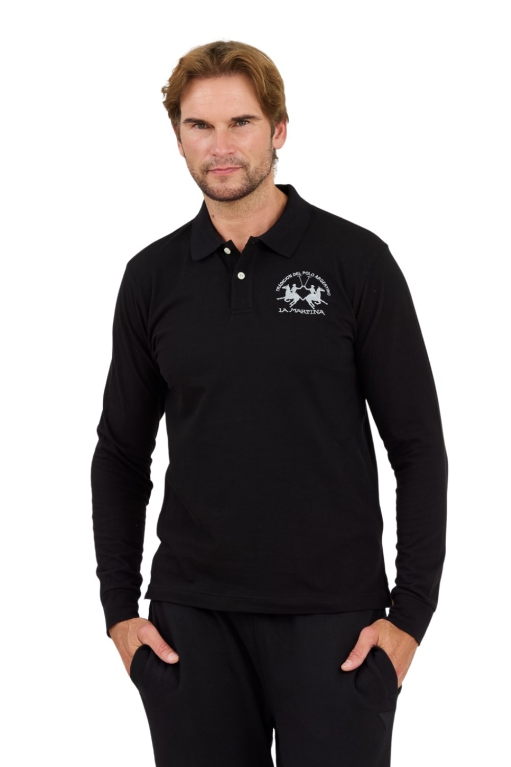 LA MARTINA Czarny męski longsleeve polo Piquet Stretch