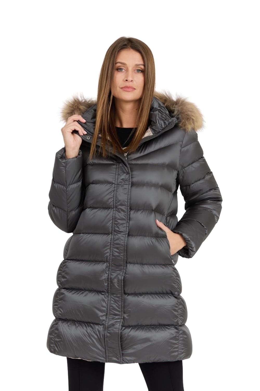 HETREGO Szara damska kurtka puchowa Leonie Quilted Woman Jacket With Detached Hood