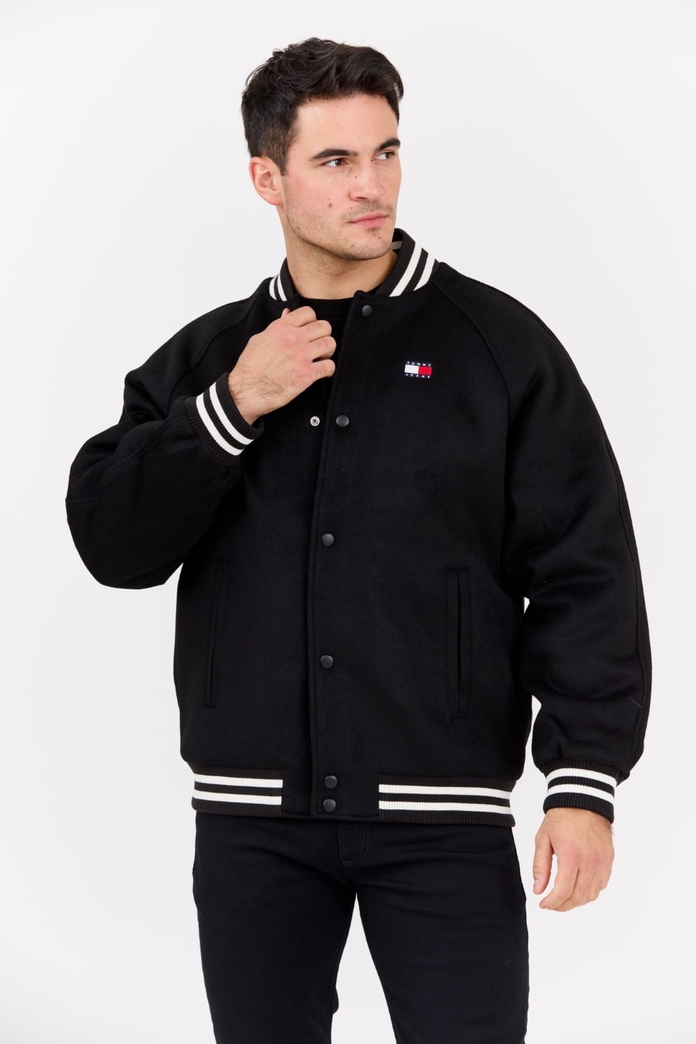 TOMMY JEANS Bomber negru Varsity din amestec de lână pentru bărbați