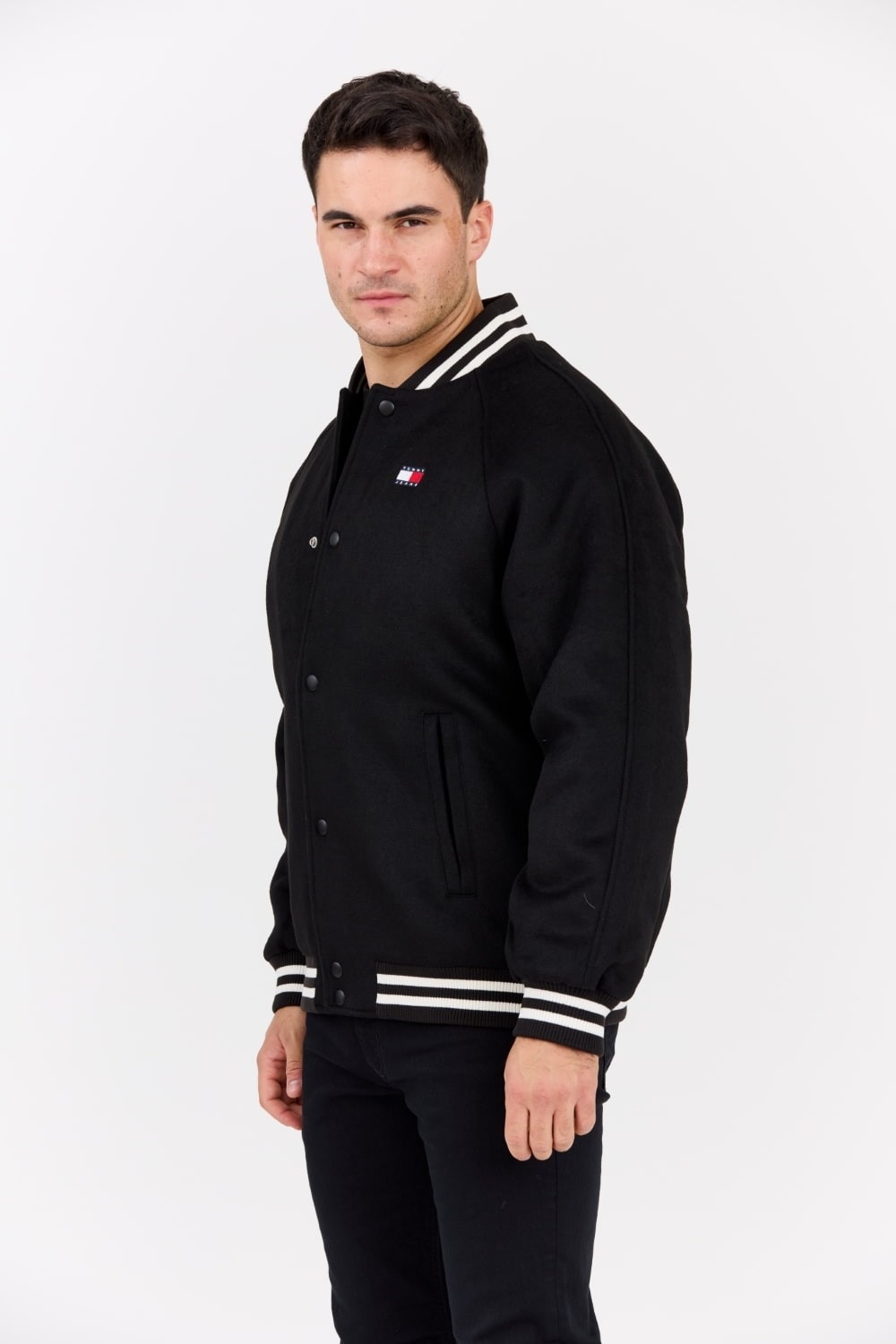 TOMMY JEANS Bomber negru Varsity din amestec de lână pentru bărbați