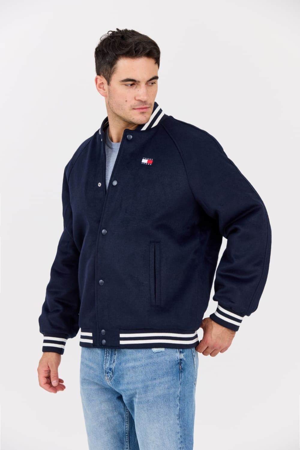 TOMMY JEANS Bomber varsity din amestec de lână albastru marin pentru bărbați