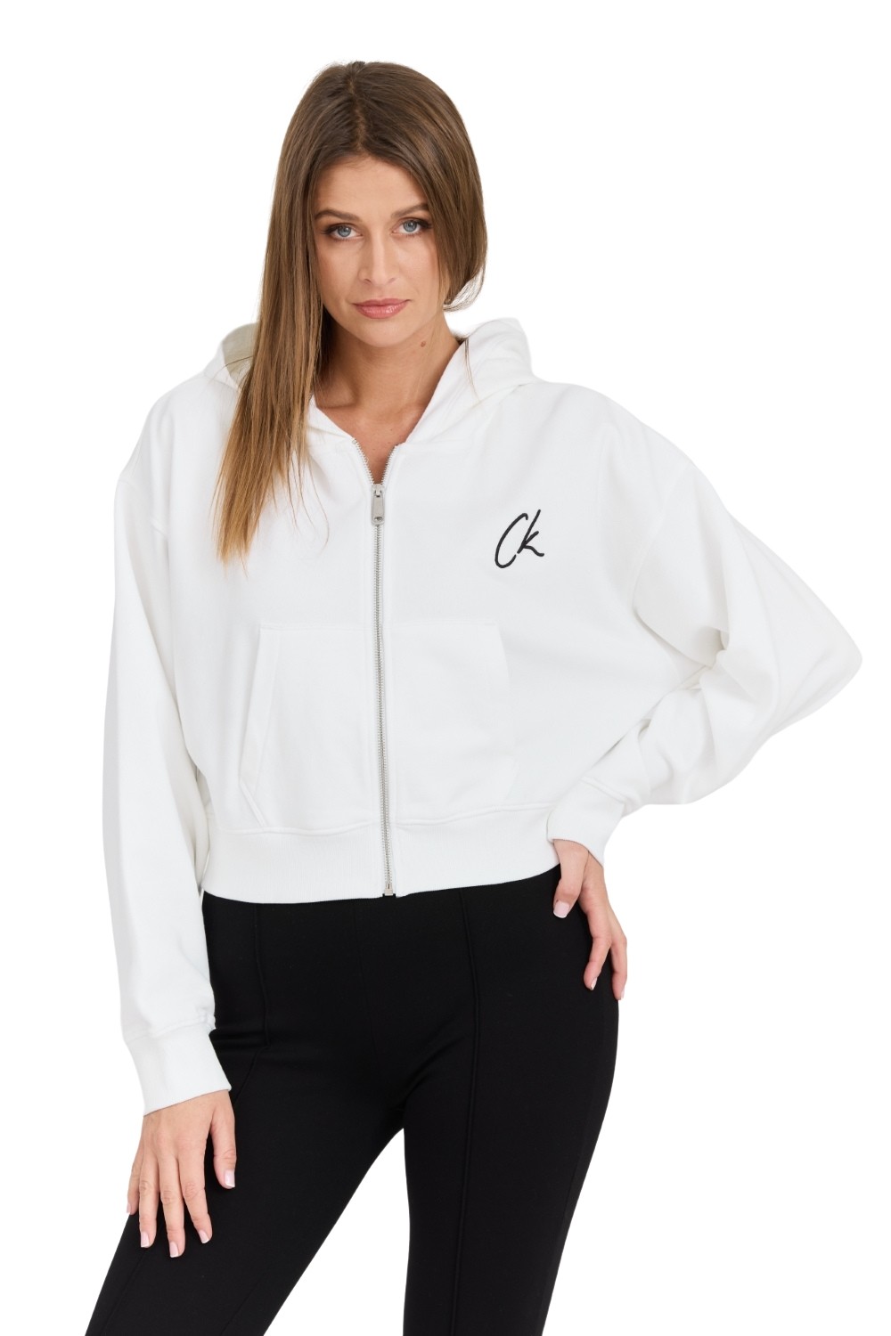 CALVIN KLEIN Biała damska rozpinana bluza z kapturem