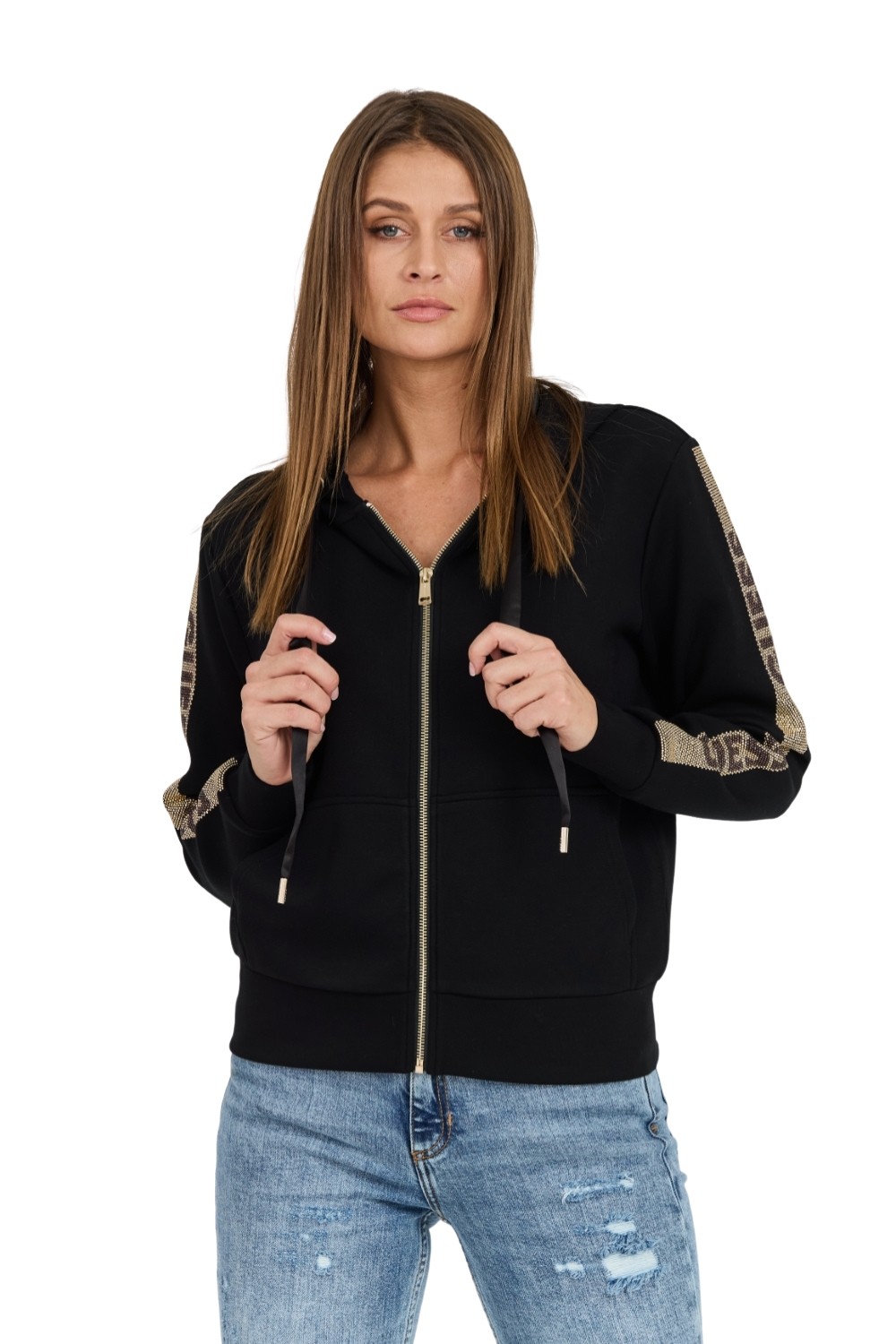 GUESS Black Women's Unzipped Hood Studs Logo Sweatshirt