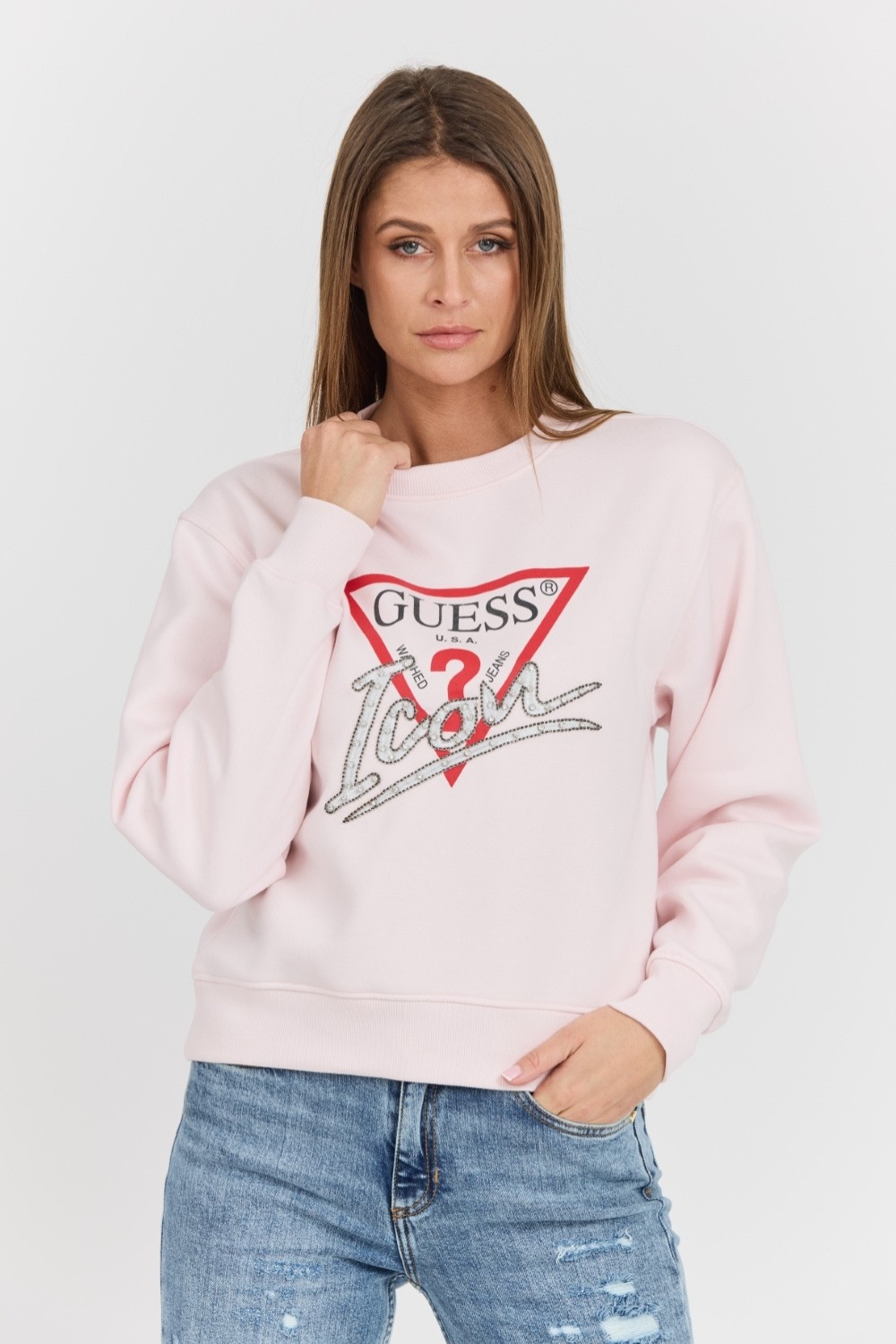 Hanorac pentru femei GUESS Pink Icon cu logo mare