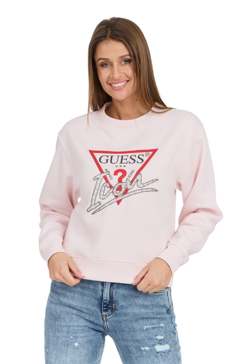 Hanorac pentru femei GUESS Pink Icon cu logo mare
