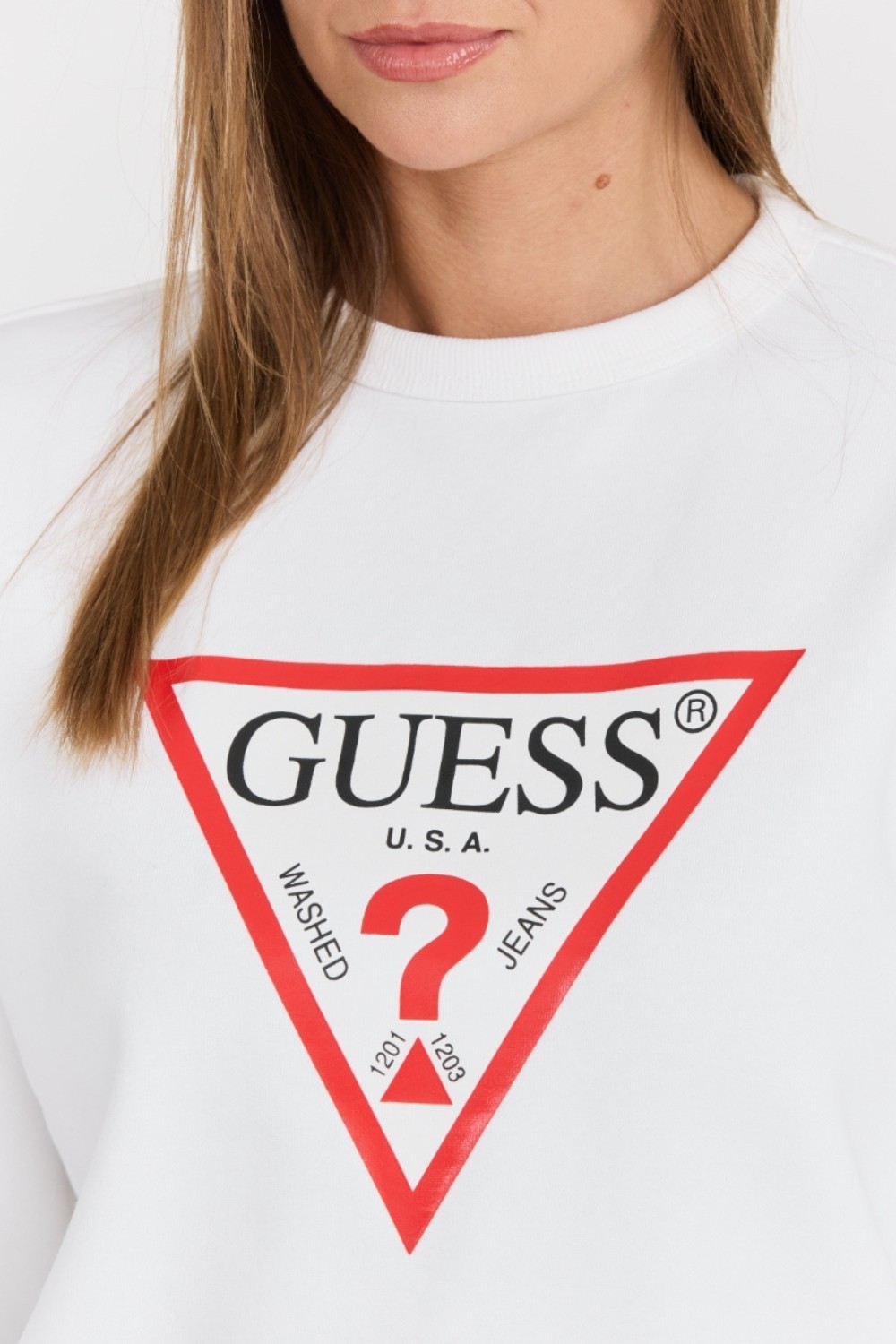 GUESS Biała damska bluza z dużym logo Original Fleece