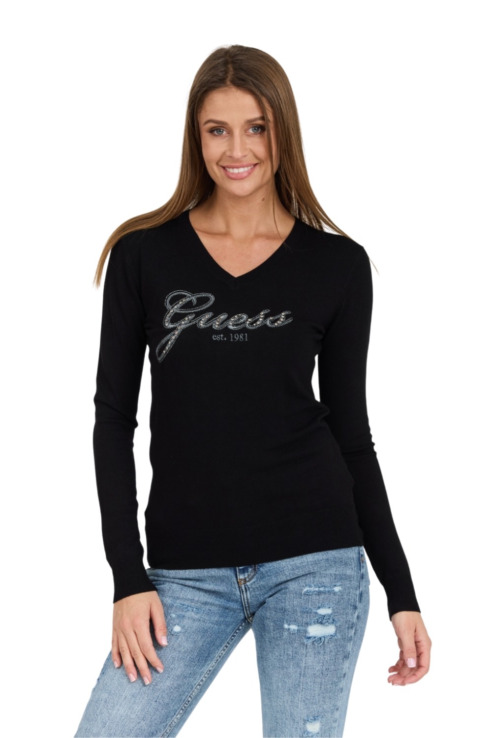GUESS Czarny damski sweter Saige Logo Vn Ls Swtr
