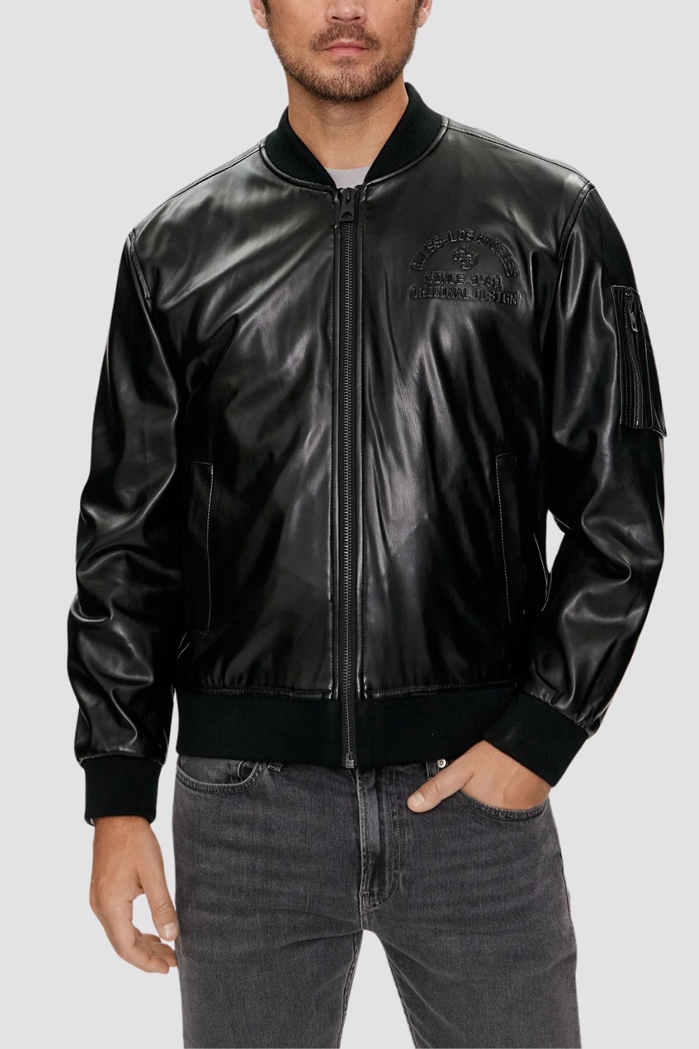 GUESS Men's District Faux Leather Bomber