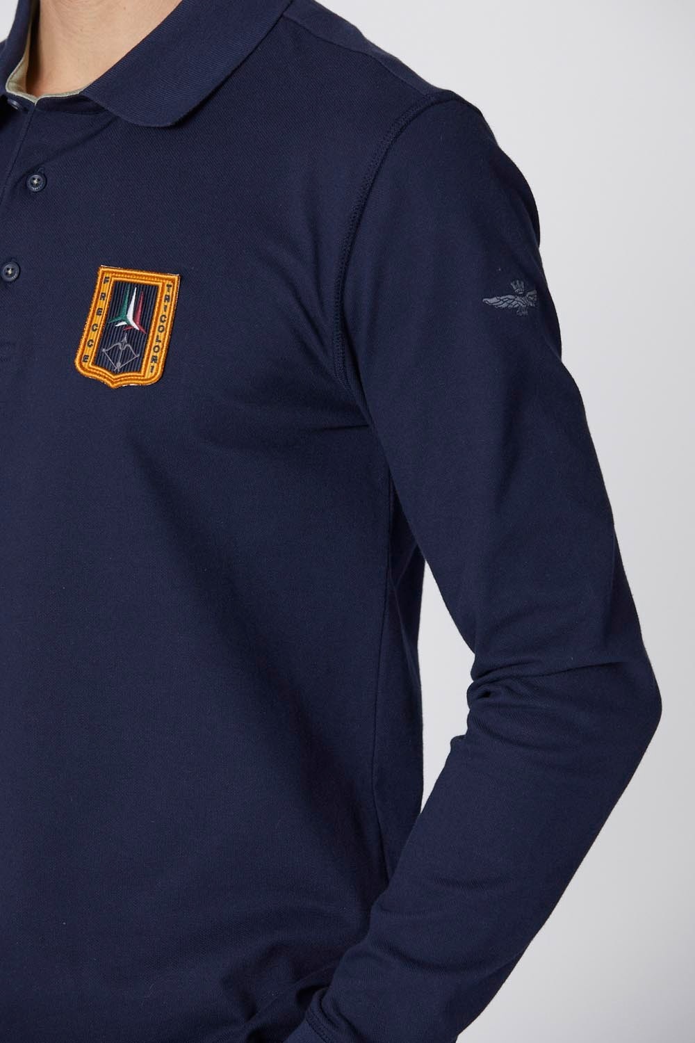 AERONAUTICA MILITARE Granatowe męskie polo z długim rękawem Piqué