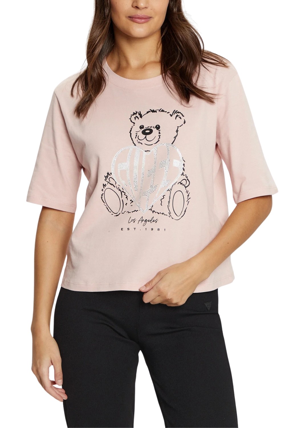GUESS Różowy t-shirt damski Bear Boxy