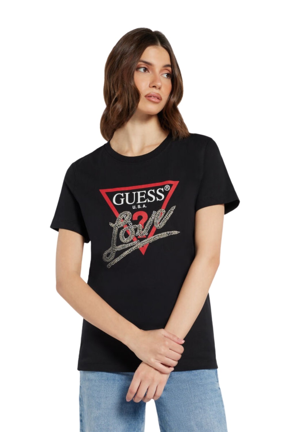 GUESS Czarny damski t-shirt bawełniany Love Tee