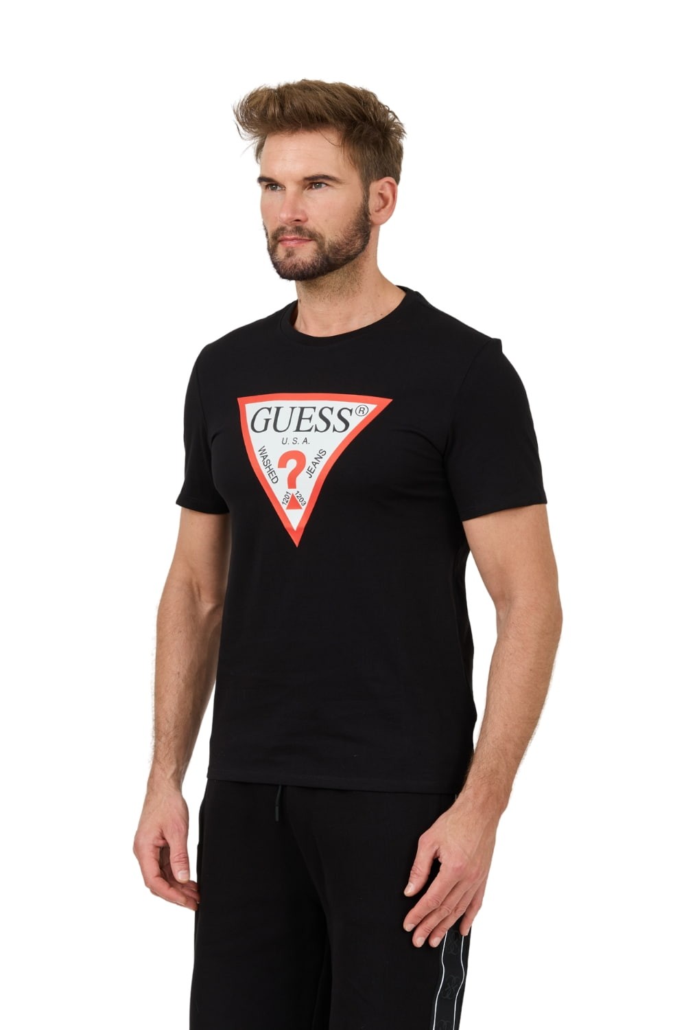 GUESS Czarny męski t-shirt bawełniany z dużym logo Clsc Tri Logo