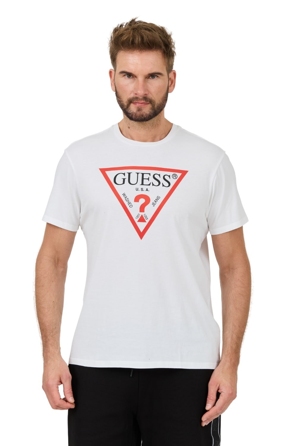GUESS Biały męski t-shirt bawełniany z dużym logo Clsc Tri Logo