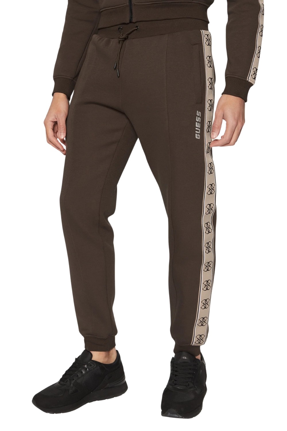 GUESS Brązowe męskie spodnie dresowe z lampasami Mickey