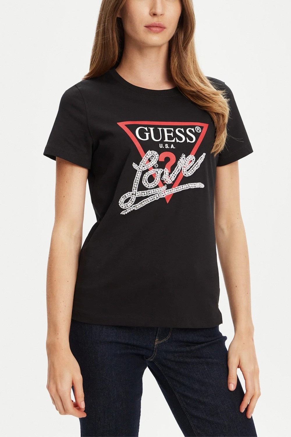 GUESS Czarny damski t-shirt Pearls Love