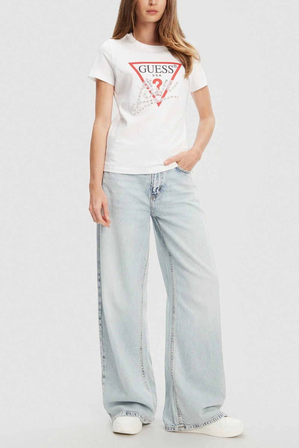 GUESS Biały damski t-shirt Pearls Love