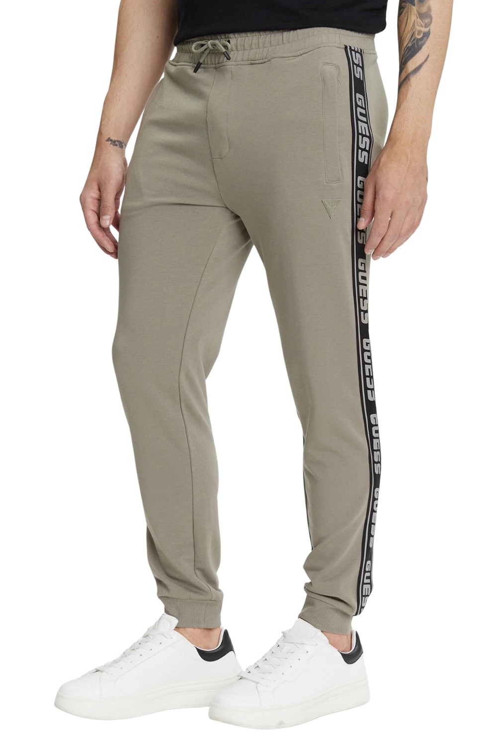 GUESS Zielone męskie spodnie dresowe z lampasami New Arlo